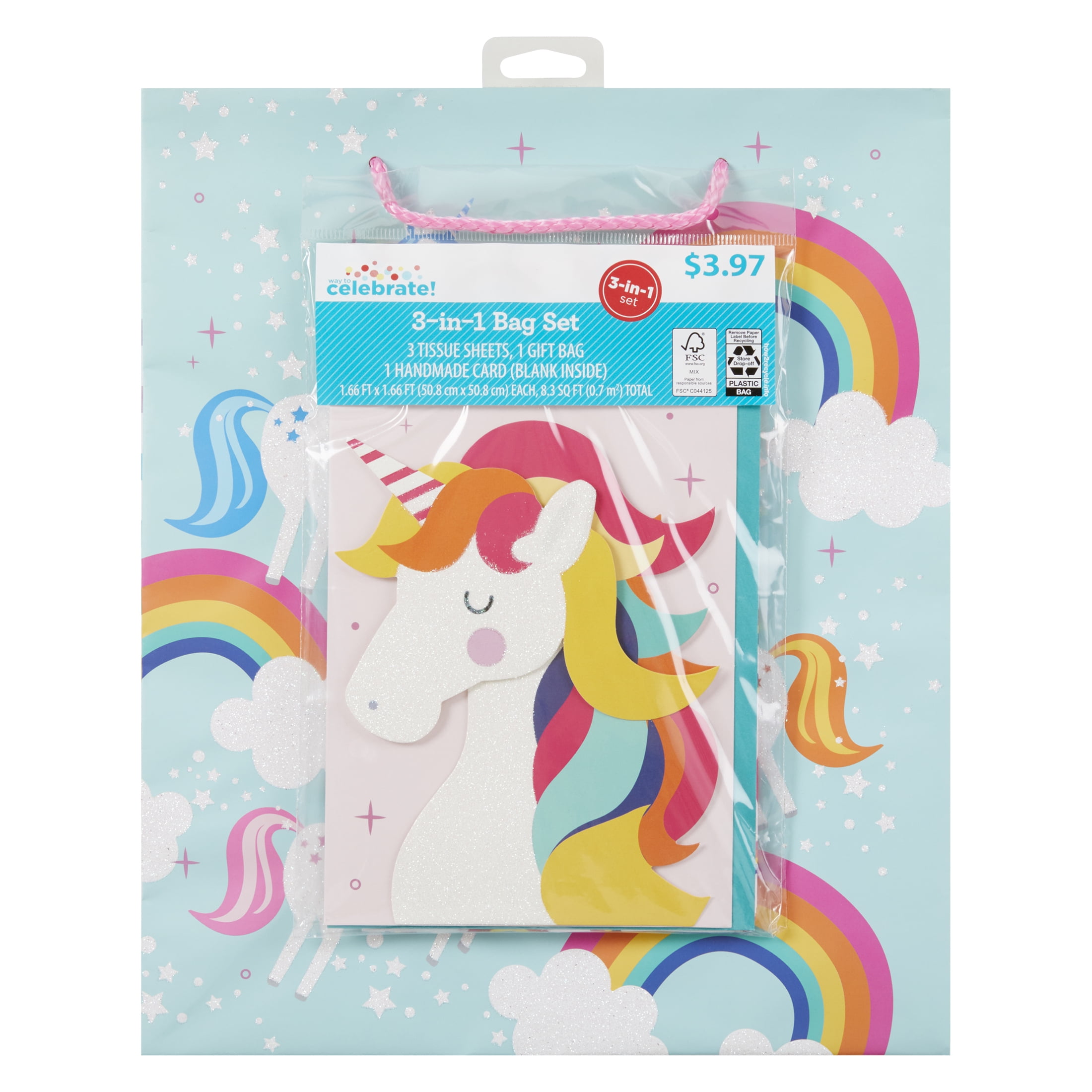 Way to Celebrate, 3 Piece Set, Gift Bag, Gift Tissue and Greeting Card, Unicorn Rainbow