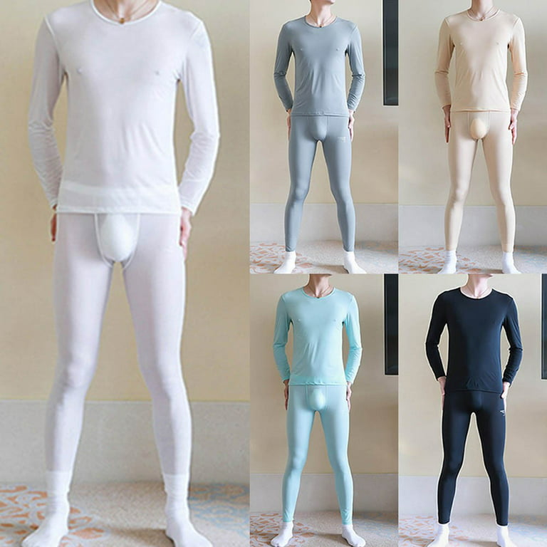 Men Thermal Underwear Set Long Johns Pants Warm Top Bottom Ice Silk Stretch