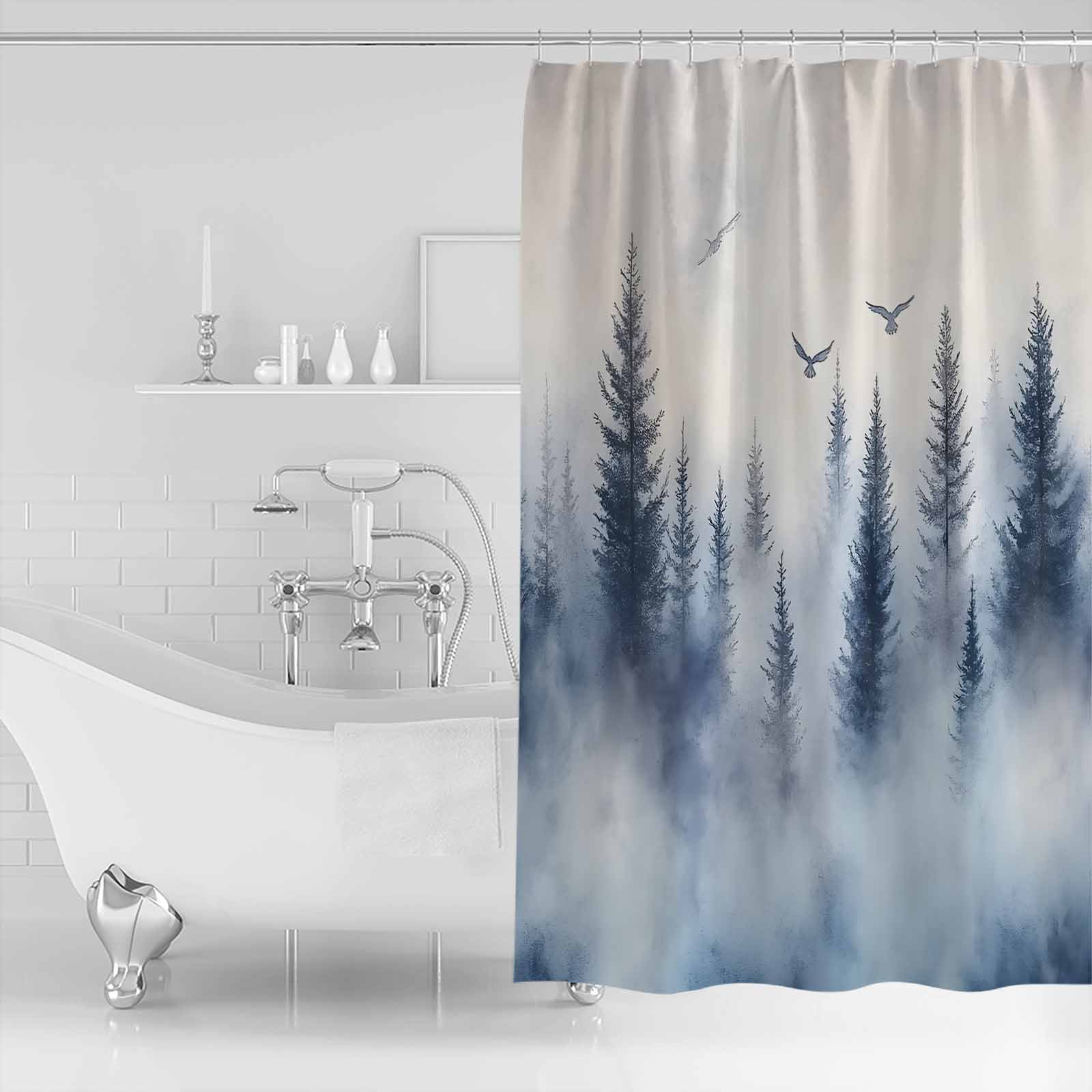 Extra Long Shower Curtain 72x84 Inch, Mountain Peak Shower Curtain Waterproof Bathroom Decor Forest Tree Scene Watercolor Style Fabric Bath Curtain Set Accessories with Hooks