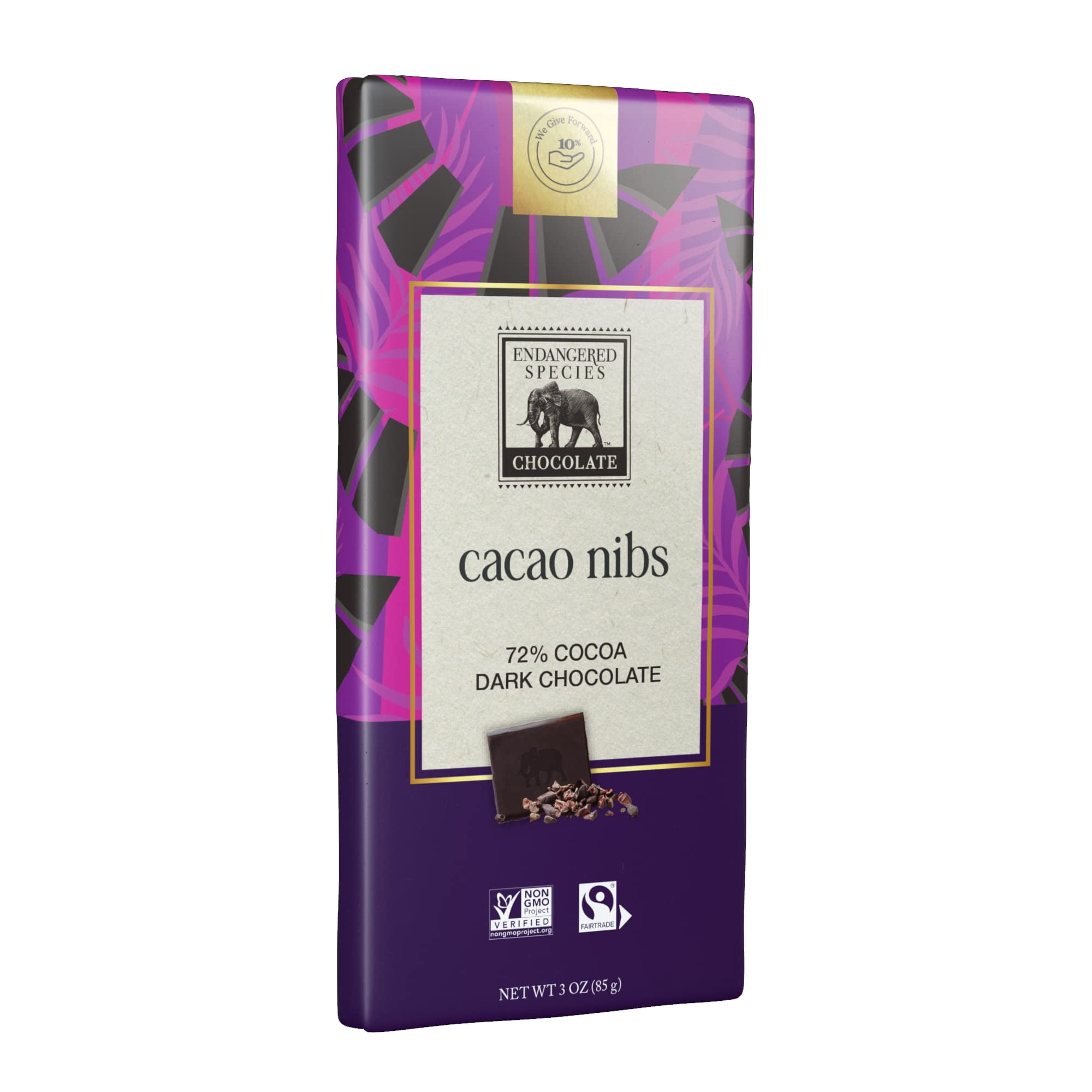 Endangered Species Chocolate Dark Chocolate with Cocoa Nibs Bar, 3 Ounce - 12 per case.