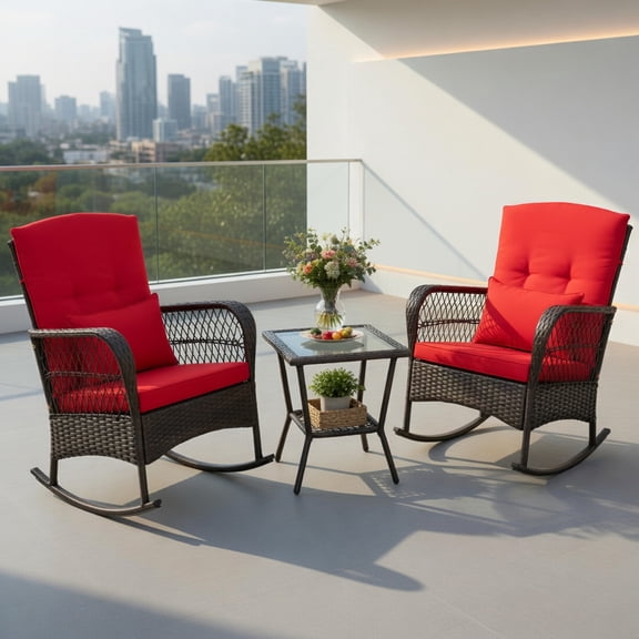 GVN Backyard Furniture Sets,Outdoor Furniture Sets,3 Pieces Rocking Bistro Set with 2-Tier Coffee Table-Red