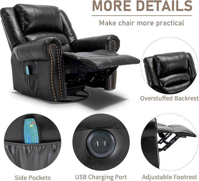 EPICOZY Manual Massage Swivel Rocker Recliner with Heat and Vibration, 360° Swivel Glider Rocking Recliner Chair, Classic Living Room Lounge Recliners with Side Pockets & USB Ports, Black