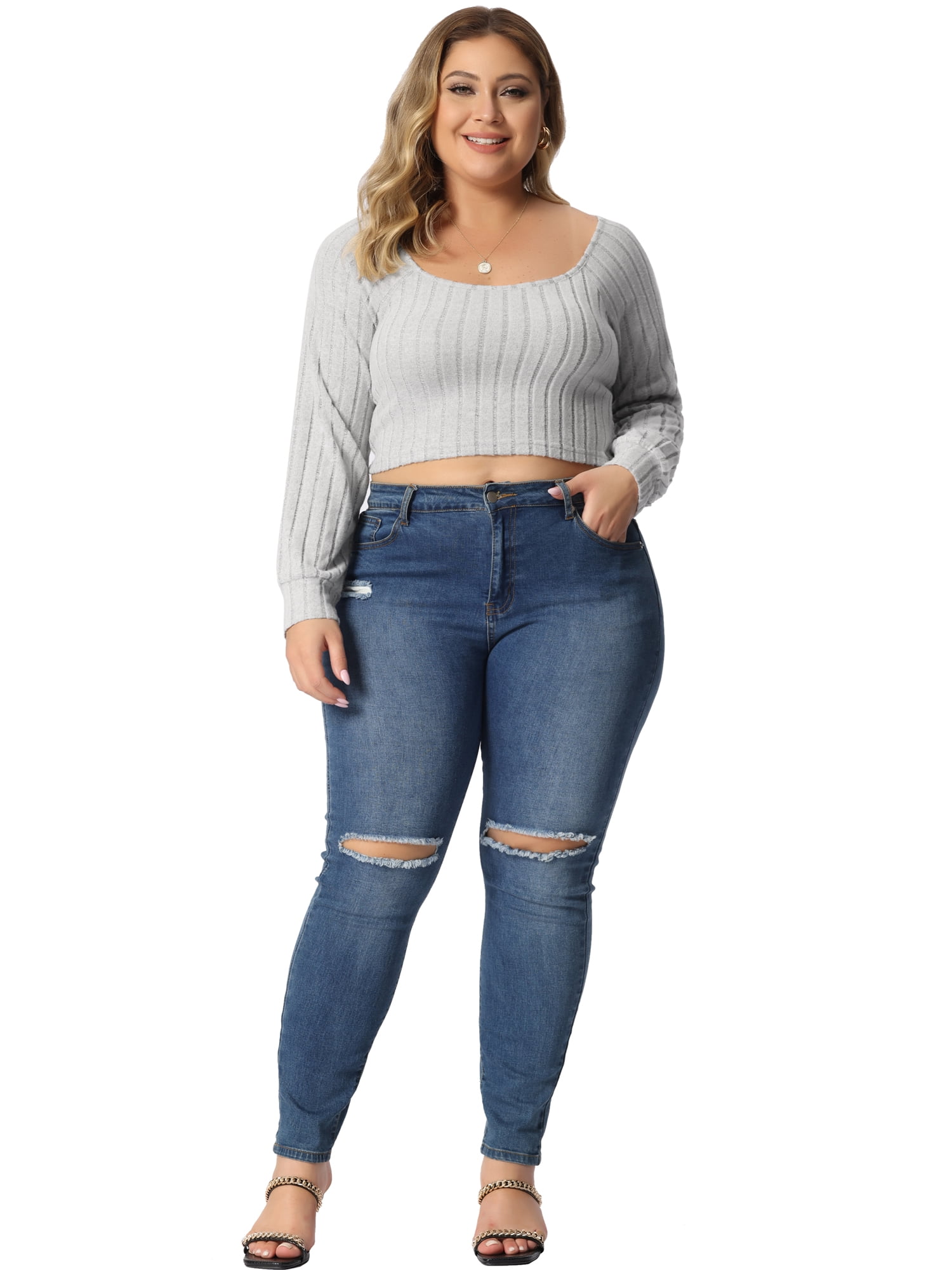 Unique Bargains Women's Plus Size Blouse Square Neck Long Sleeve Cropped Tops 2X Gray
