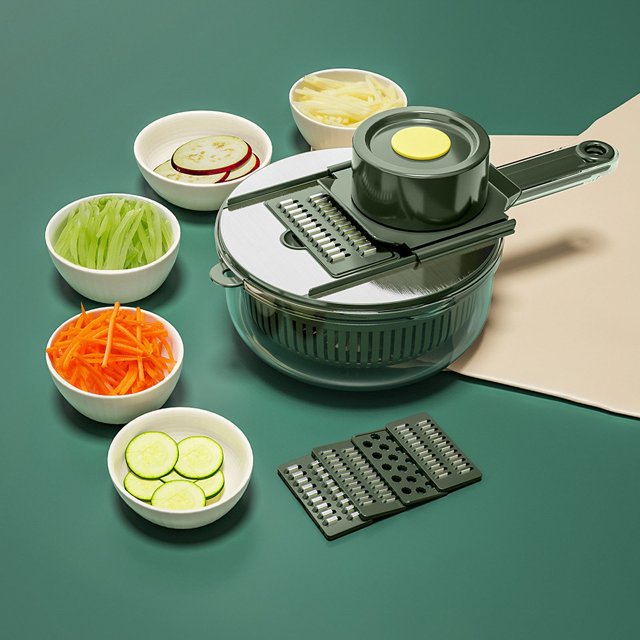 Outil de Préparation Alimentaire en Acier Inoxydable Vert : Trancheuse, Râpeuse et Coupe-Pommes de Terre, Carottes, Concombres – Outil Compact, Facile à Nettoyer, Durable pour des Besoins de Cuisine Précis à Domicile