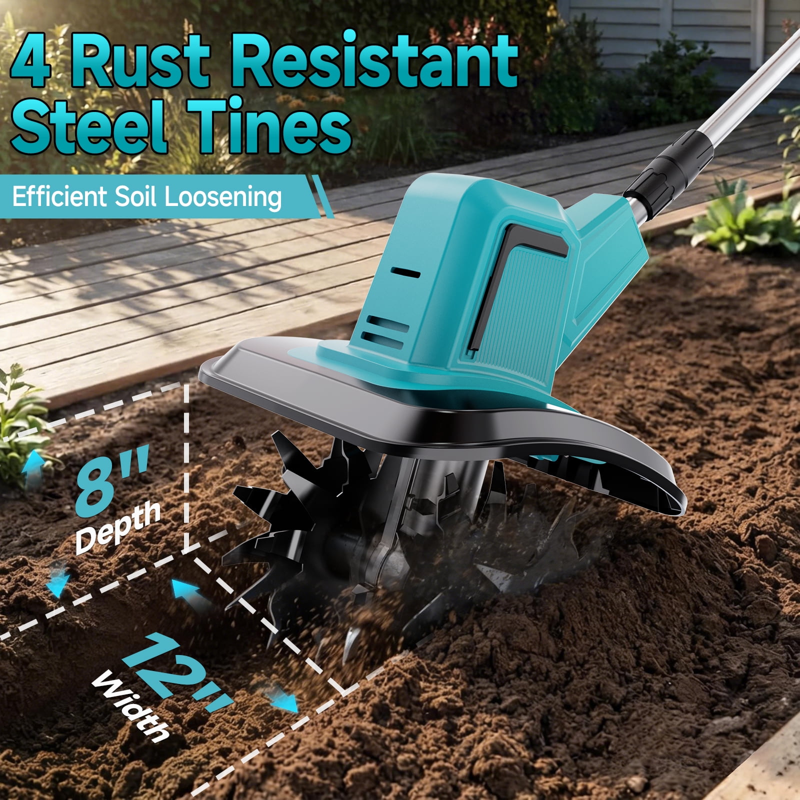 Garden Tiller Cultivator, Manganese Steel Tines, 2×Battery & Charger, for Soil Tilling Weeding Plowing, Compact Lightweight Garden Tool, Local Warehouse Shipping