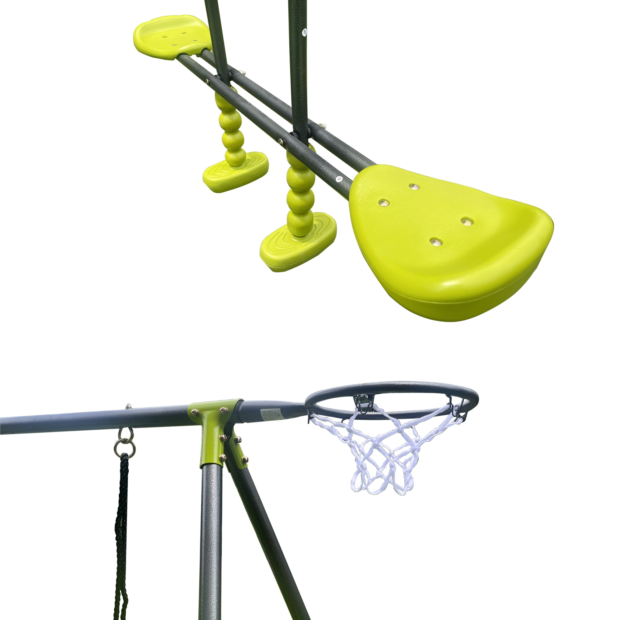 iRerts 6 in 1 Swing Set with Slide, Metal Outdoor Swing Sets for Kids with 2 Swings, Glider, Basketball Hoop, Soccer Goal, Swingset Playset for Kids Boys Girls, Kids Outdoor Swing for Backyard, Green