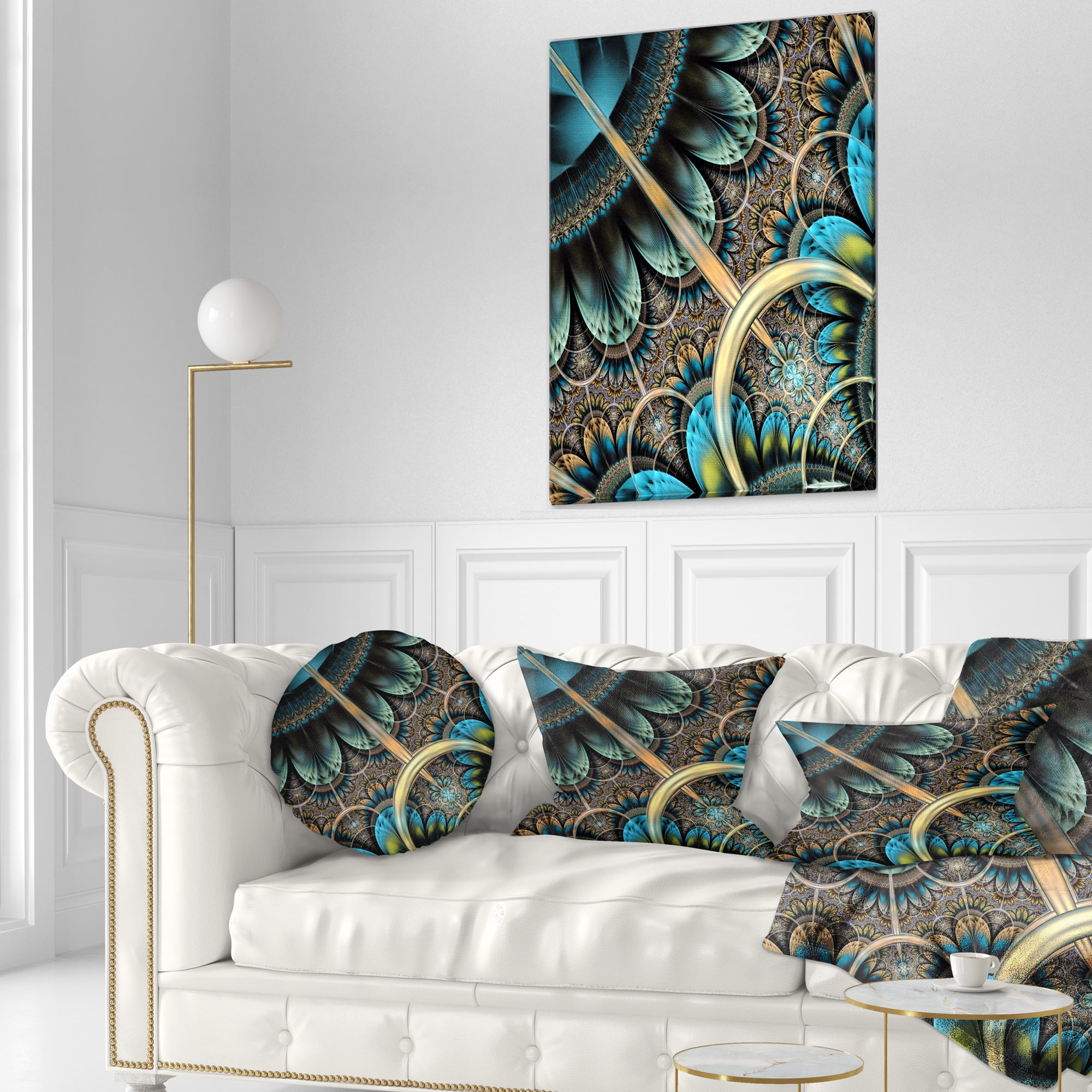 Designart Large Blue Brown Fractal Floral Pattern - Floral Throw Pillow - 12x20
