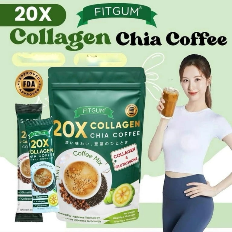 FITGUM 20X Collagen Chia Coffee, 11 in 1 Shape Coffee Mix