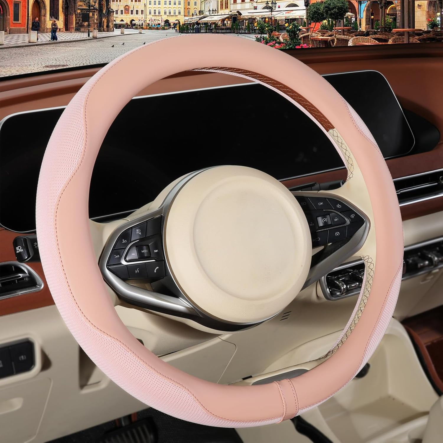 Nappa Leather Blue Steering Wheel Cover, Advanced Microfiber Leather Non-Slip Breathable Fabric, Warm in Winter and Cool in Summer, Universal 15 Inch