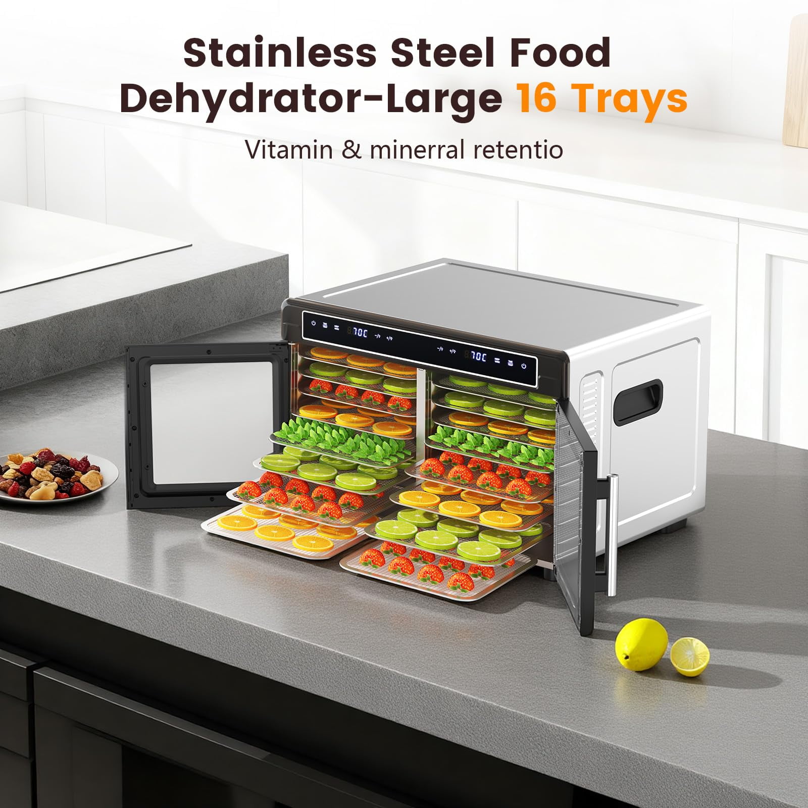 Auseo 1200W Food Dehydrator, Dehydrator Machine with Digital Pannel, Adjustable Temperature & 72H Timer, 2 Zone, 16 Trays for Fruits, Vegetables and Meat