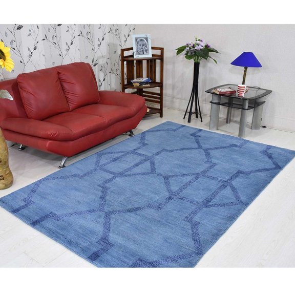 HAND KNOTTED WOOL GEOMETRIC MODERN AREA RUGS - 6'x9', Rectangle Shape, Light Blue Blue Color, Classic Traditional Design, Low Pile Handmade Area Rugs for Living Room, Bed Room (N00942)