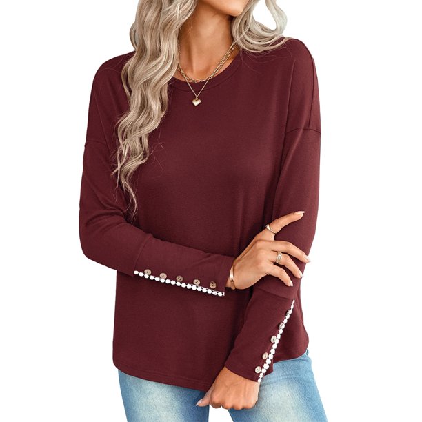 VISgogo - Camiseta holgada informal para mujer, color sólido, cuello redondo, manga larga, puños recortados con botones VISgogo moda