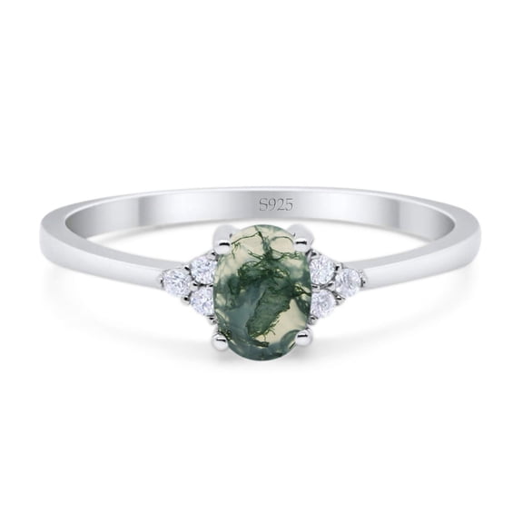 Natural Green Moss Agate Size-5 Art Deco Ring Oval Vintage Style Three Stone CZ Wedding Engagement Rings For Women 925 Sterling Silver Gifts For Her