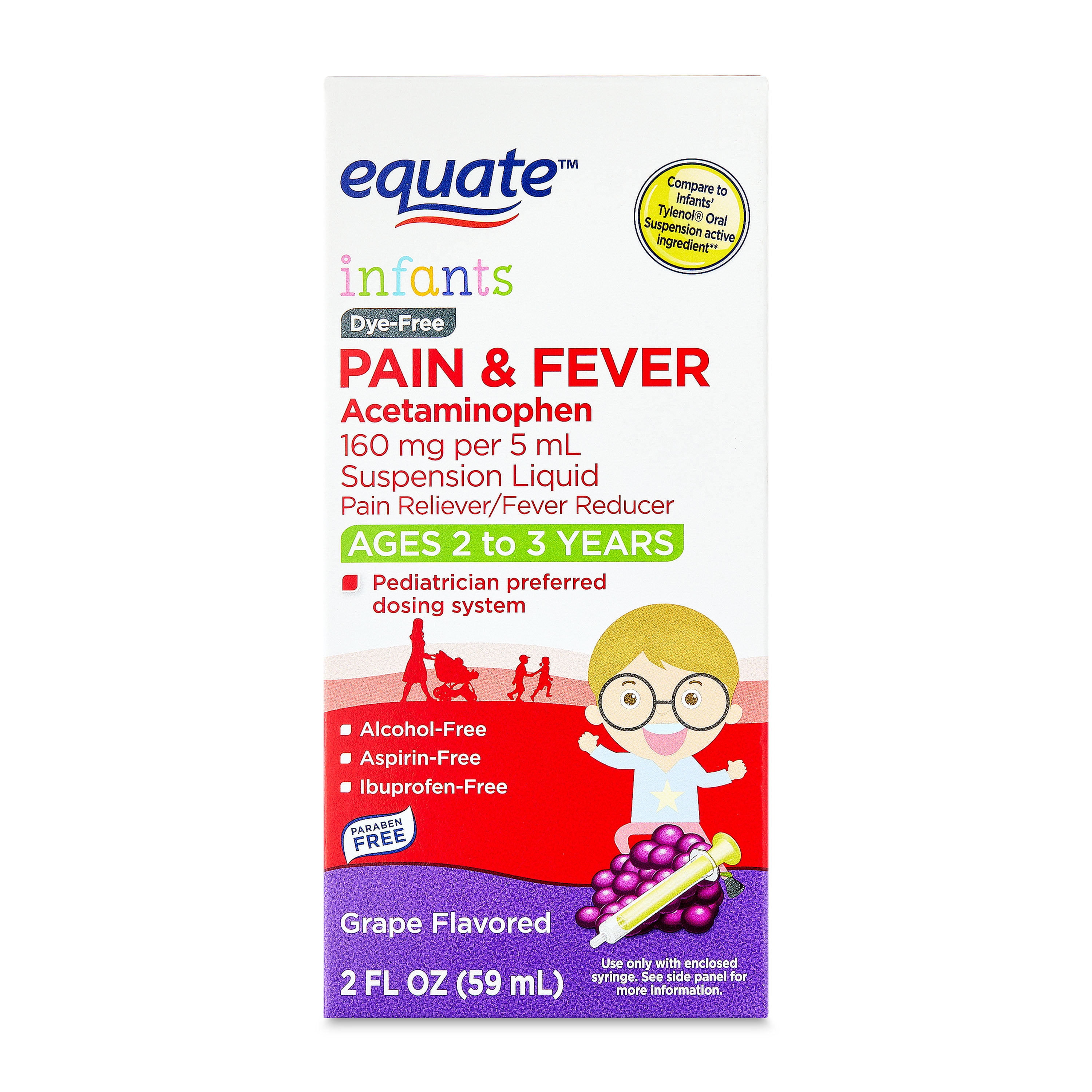 (3 pack) Equate Infants' Dye-Free Pain Reliever & Fever Reducer Acetaminophen Oral Suspension, 160 mg, Grape Flavor, Ages 2 to 3 Years, 2 fl oz, Compare to Infant's Tylenol Oral Suspension Active Ingredient