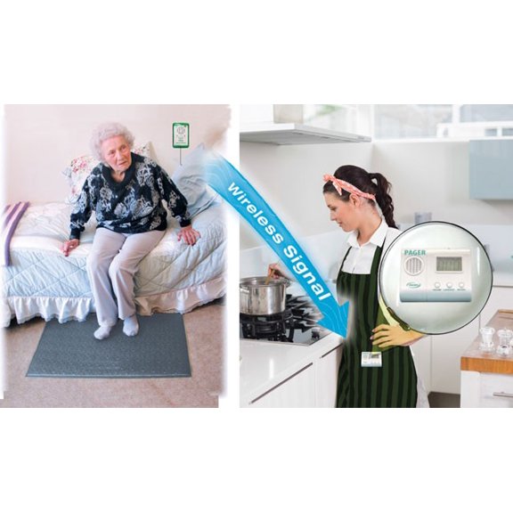 Easy-to-Use Quiet Fall Alert to Pager With Corded Weight-Sensing Floor Mat (Gray, 24in x 48in) and LCD Pager System