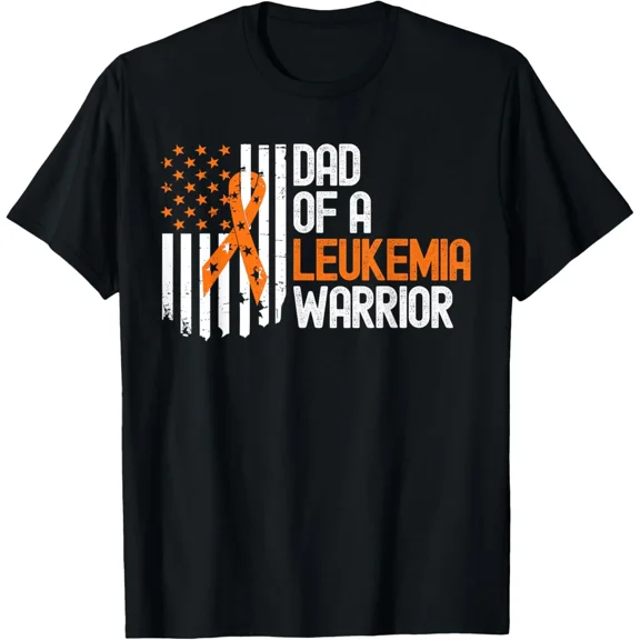 Men's Leukemia Awareness T-Shirt Dad of a Leukemia Warrior Orange Ribbon American Flag Retro Distressed Graphic Tee Support Gift