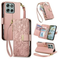 For Motorola Moto E15 Wallet Case with Card,PU Leather Phone Case Flip Protective Cover Wrist Strap Zipper Credit Card Slots Magnetic Snap Protective Cover,Pink,For Motorola Moto E15