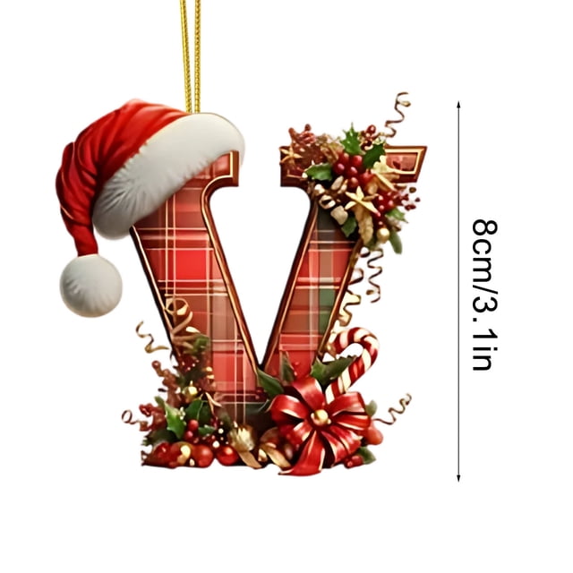 Christmas Tree Ornaments 2D Acrylic Monogram Pendants With Santa Hat 26 Letters Hanging Decorations For DIY Crafts And Home Decor