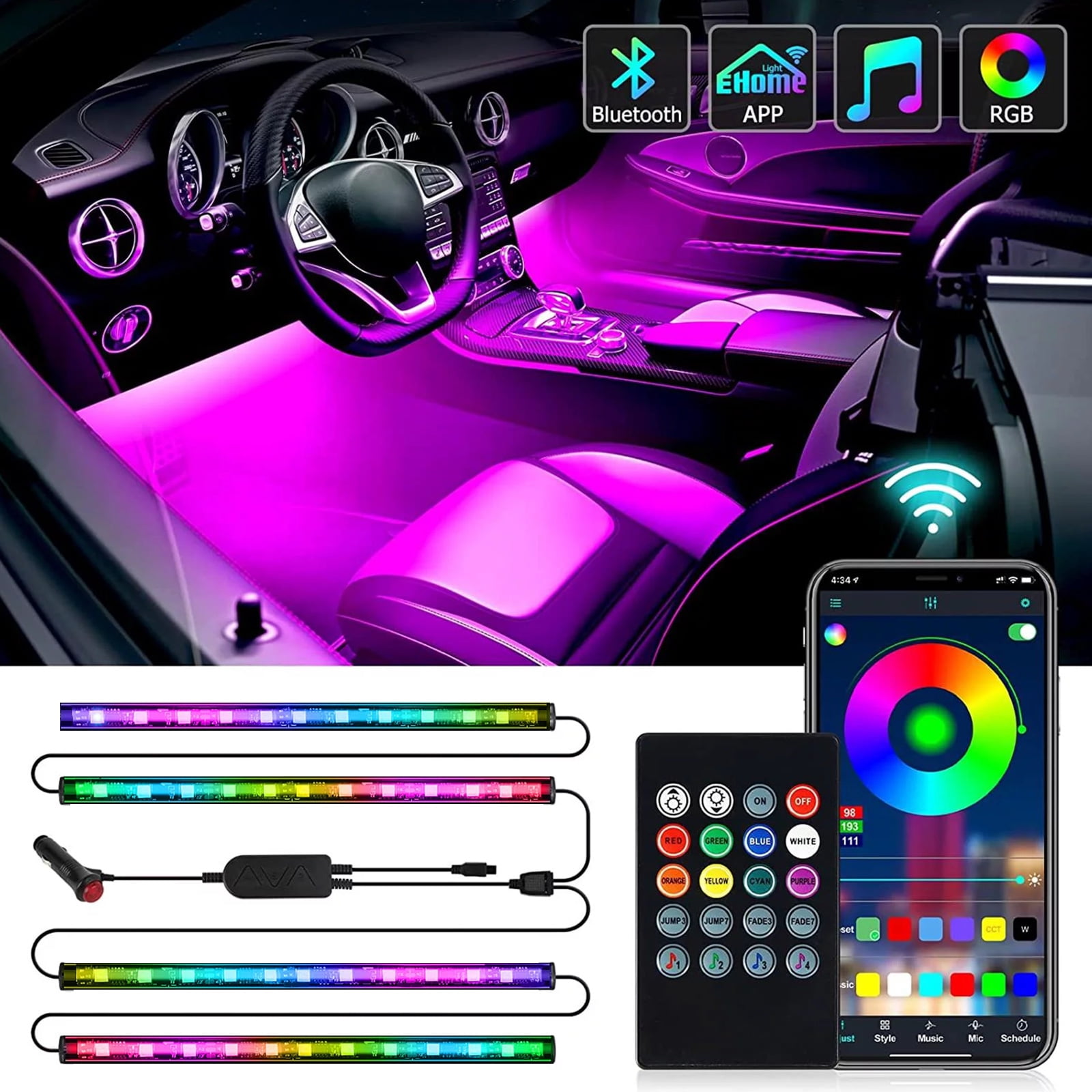 Car Interior LED Light, TSV 4pcs Bluetooth LED Strip 8-Color RGB Under Dash Atmosphere Light, Wireless App Control Music Multicolor Flashing Decoration Lighting for Van SUV RV - Walmart.com