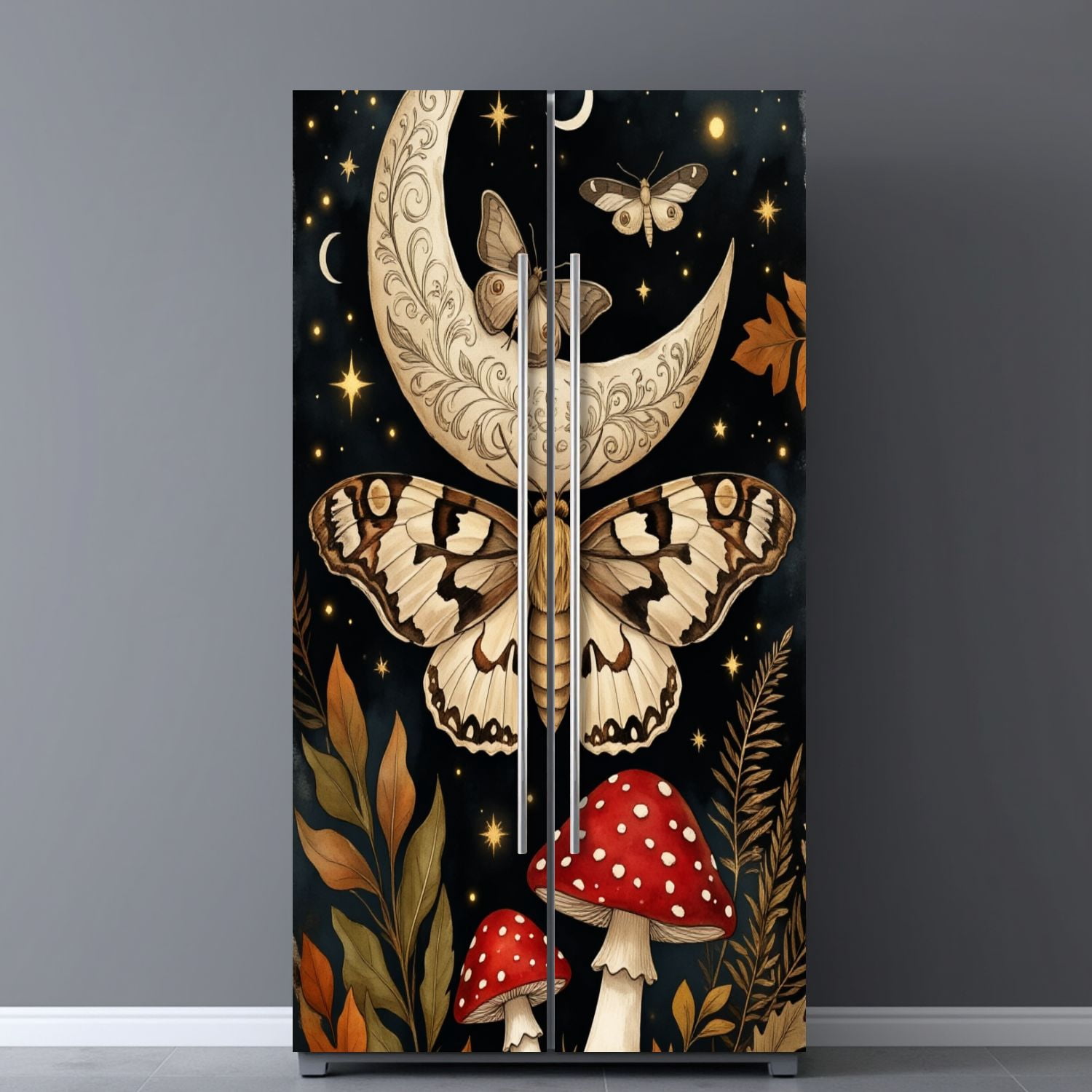 Self Adhesive Vinyl Refrigerator Wrap Set Mystical Night Sky Butterflies Crescent Moon Red Mushrooms Door Mural Removable Fridge Sticker Peel and Stick&nbsp;Full Door Cover Decal Kitchen Bar Decor
