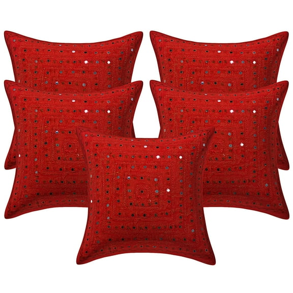 Stylo Culture Indian Settee Sofa Throw Pillow Covers 16 x 16 Embroidered Mirror Lace Red Bohemian 40 x 40 cm Bed Room Cotton Geometric Square Cushion Covers | Set Of 5