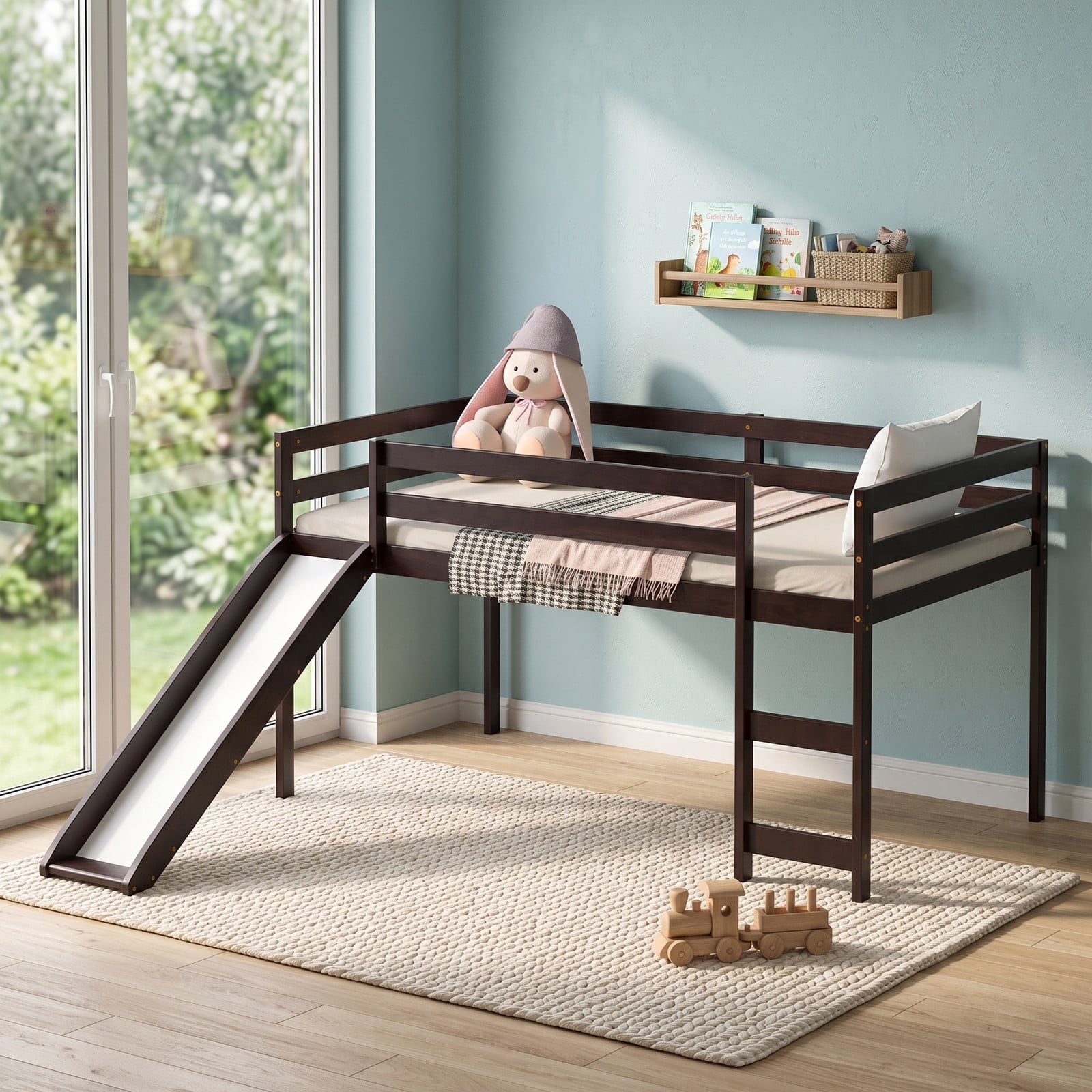 Furnibear Twin Size Low Loft Bed with Slide and Ladder for Kids Bedroom, Sturdy Wood Loft Bed Frame with Guardrails, Space-Saving, Dark Brown