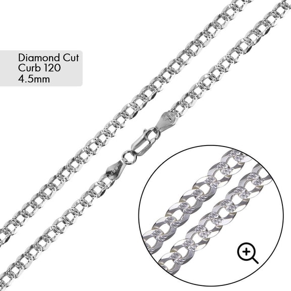 Sterling Silver 925 Diamond-Cut Pave Curb 120 Chain 4.5mm Made in Italy 22" Jewelry Female Unisex
