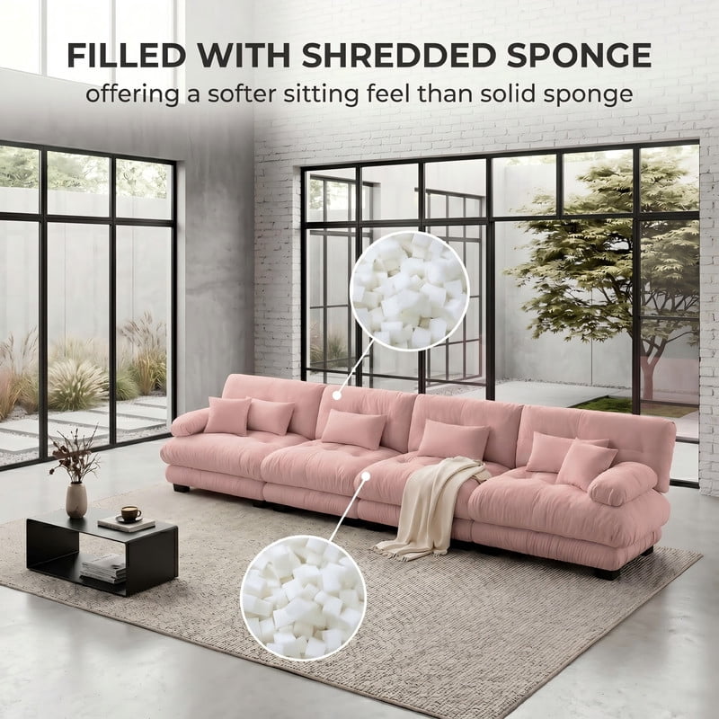 ANPPORT Cloud Couch Sleeper Sofa, Chenille Pink 4-Seater Modular Sofa, 4 Lumbar pillows, 2 Pillows, Comfy Deep Seat Cloud Sofa, Convertible L-Shaped Floor Couch for Living Room