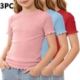 thumbnail image 2 of KyCheLot 3 Pack Ribbed Knit Tops for Girls Crew Neck Solid Color Short Sleeve T-Shirts Trendy Ruffle Trim T-Shirts, 2 of 5