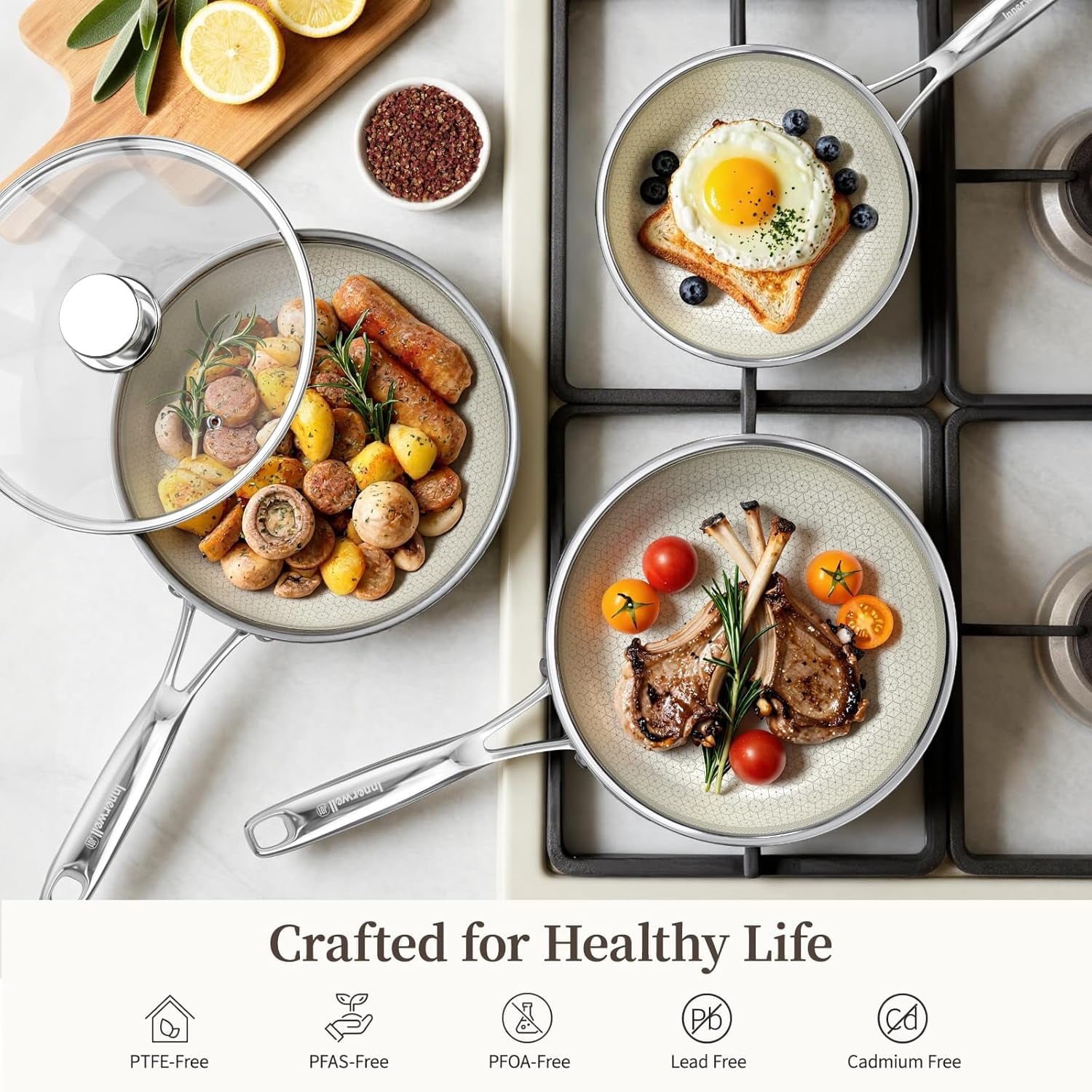 8 Inch Non Stick Frying Pan with Lid, Ceramic Hybrid Tri-Ply Stainless Steel Skillet for Induction