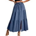 thumbnail image 2 of Gamivast Skirts for Women High Waisted Tiered Maxi Skirt Drawstring Long Skirt Flowy Skirt with Slit Casual Skirt for Beach Vacation Resort Travel Wear Blue L, 2 of 6
