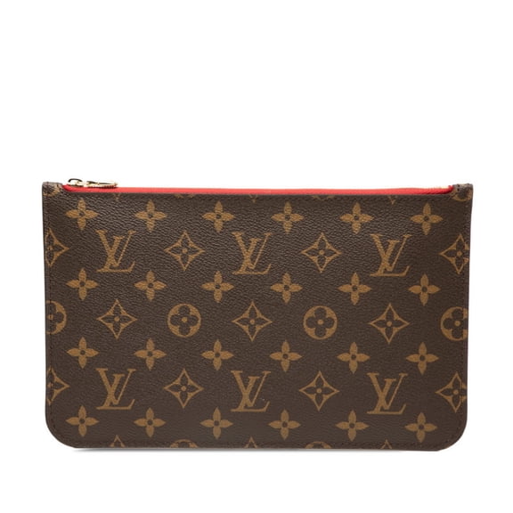 Pre-Owned Louis Vuitton Monogram Neverfull MM with attached pouch in brown and red. Women's.