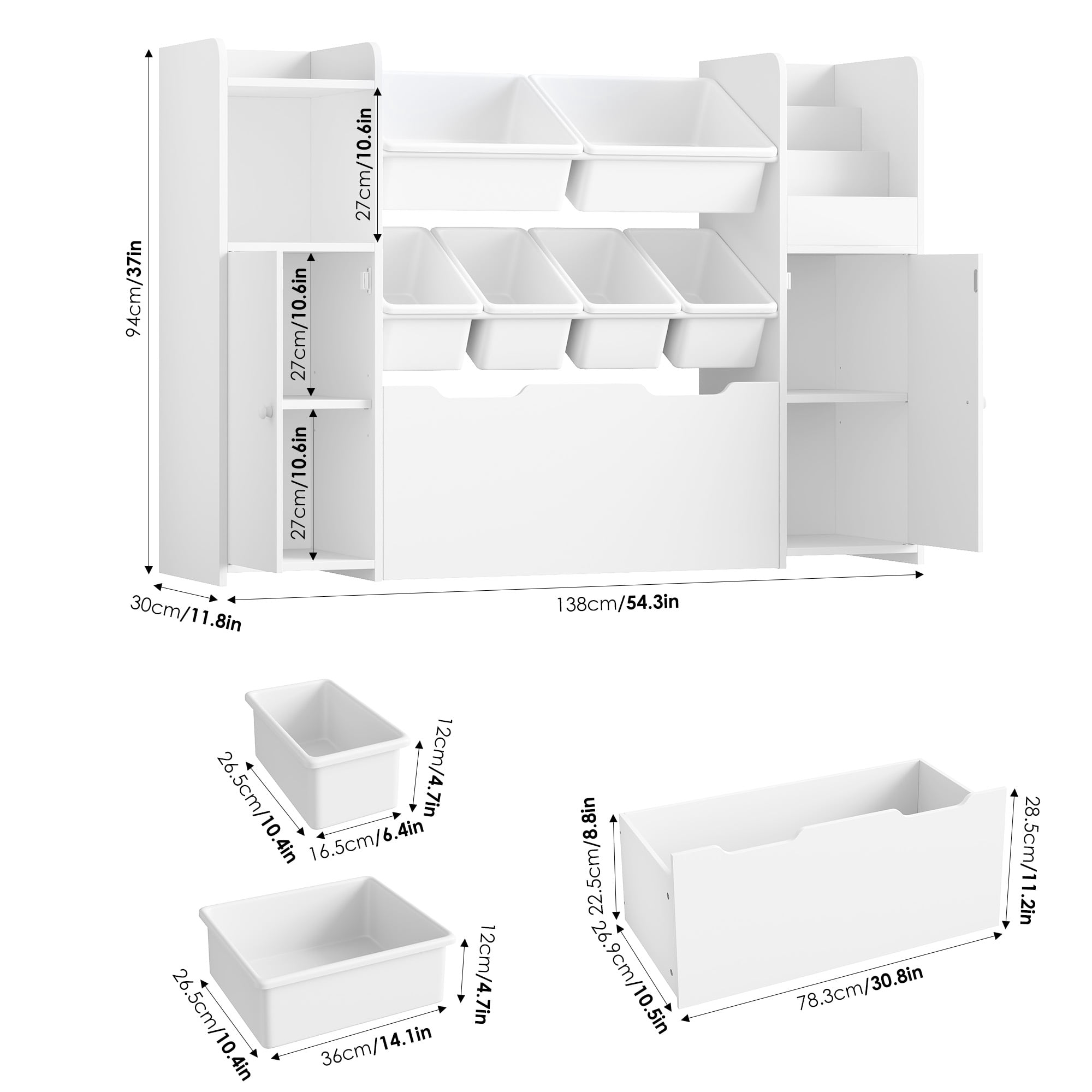 Homfa Kids Bookcase with 2 Doors and Drawer on Wheels, Toy storage Organizer with 6 Bins and Adjustable Shelves, for Kids Playroom, Nursery, White