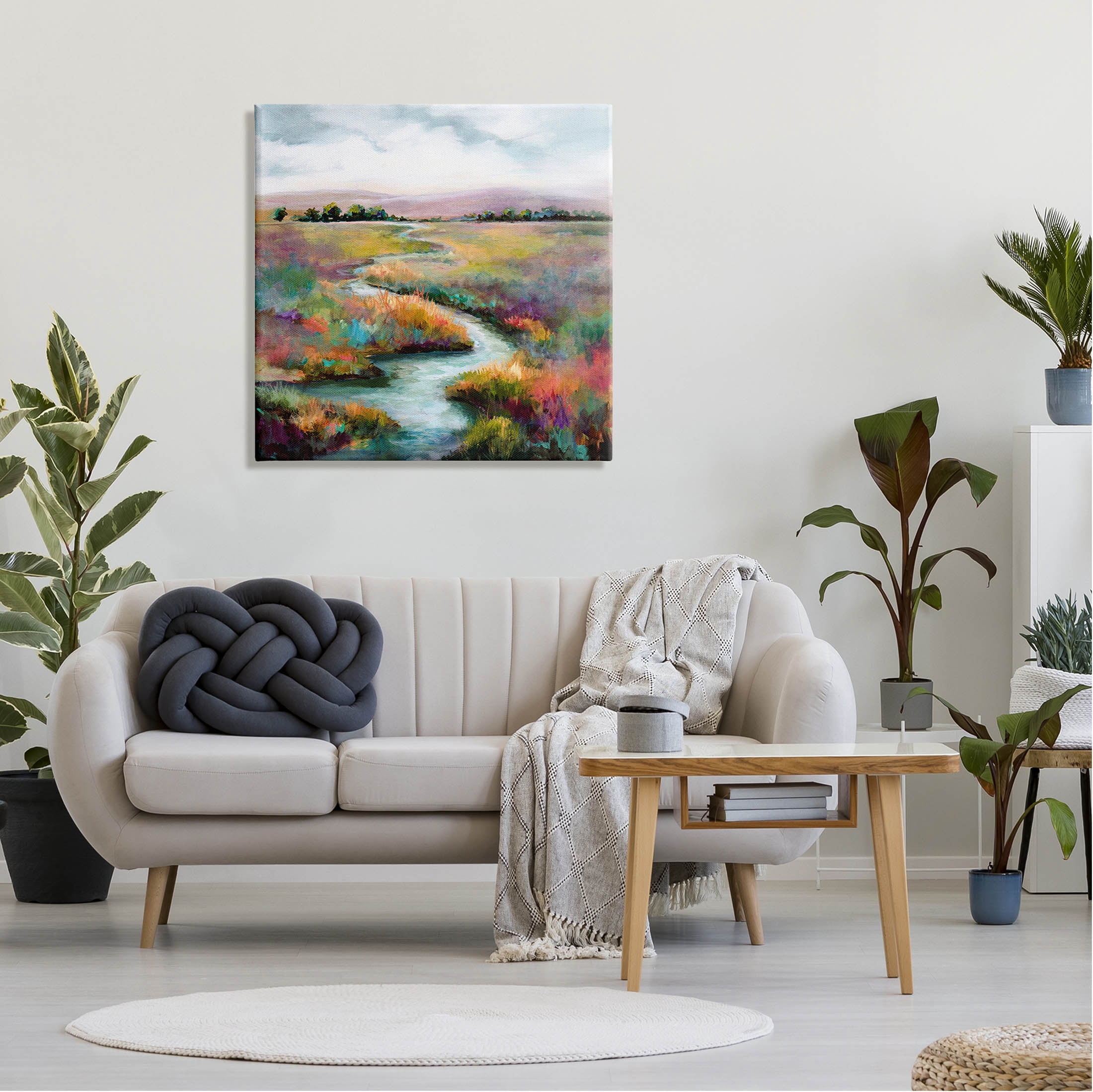 Vivid River Flowing Rural Vegetation Landscape Painting Gallery Wrapped Canvas Print Wall Art
