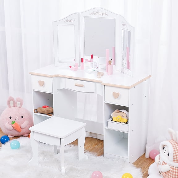 EastVita Kids Vanity Set with Mirror Drawers Stool and Wooden Beauty Toys