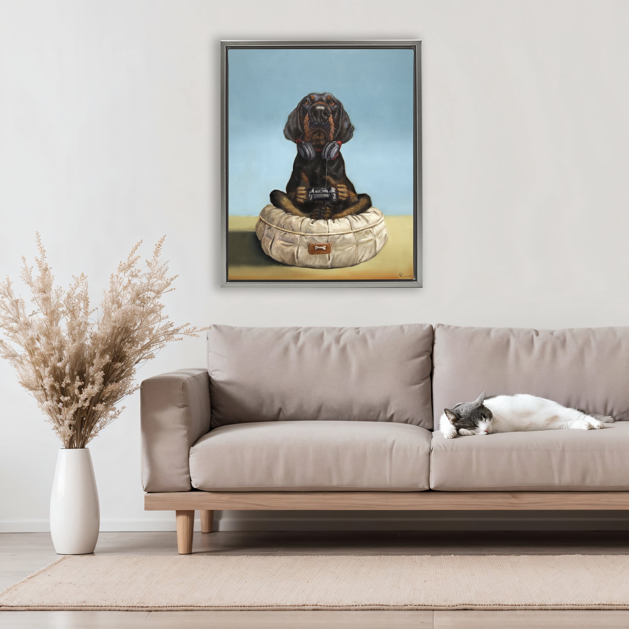 Stupell Industries Game Boy Playing Dog Gray Framed Floater Canvas Wall Art, design by Lucia Heffernan