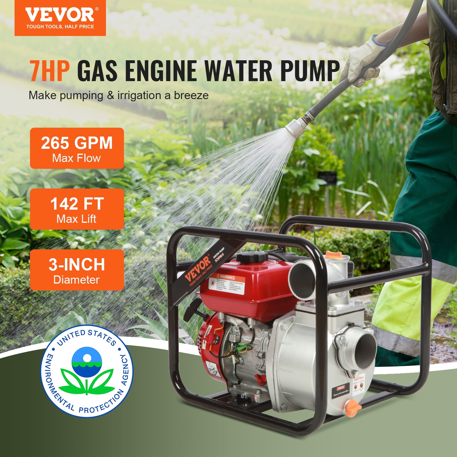 VEVOR 3" 7HP 4-Stroke Gasoline Engine Water Pump Gas Powered Water Transfer Pump