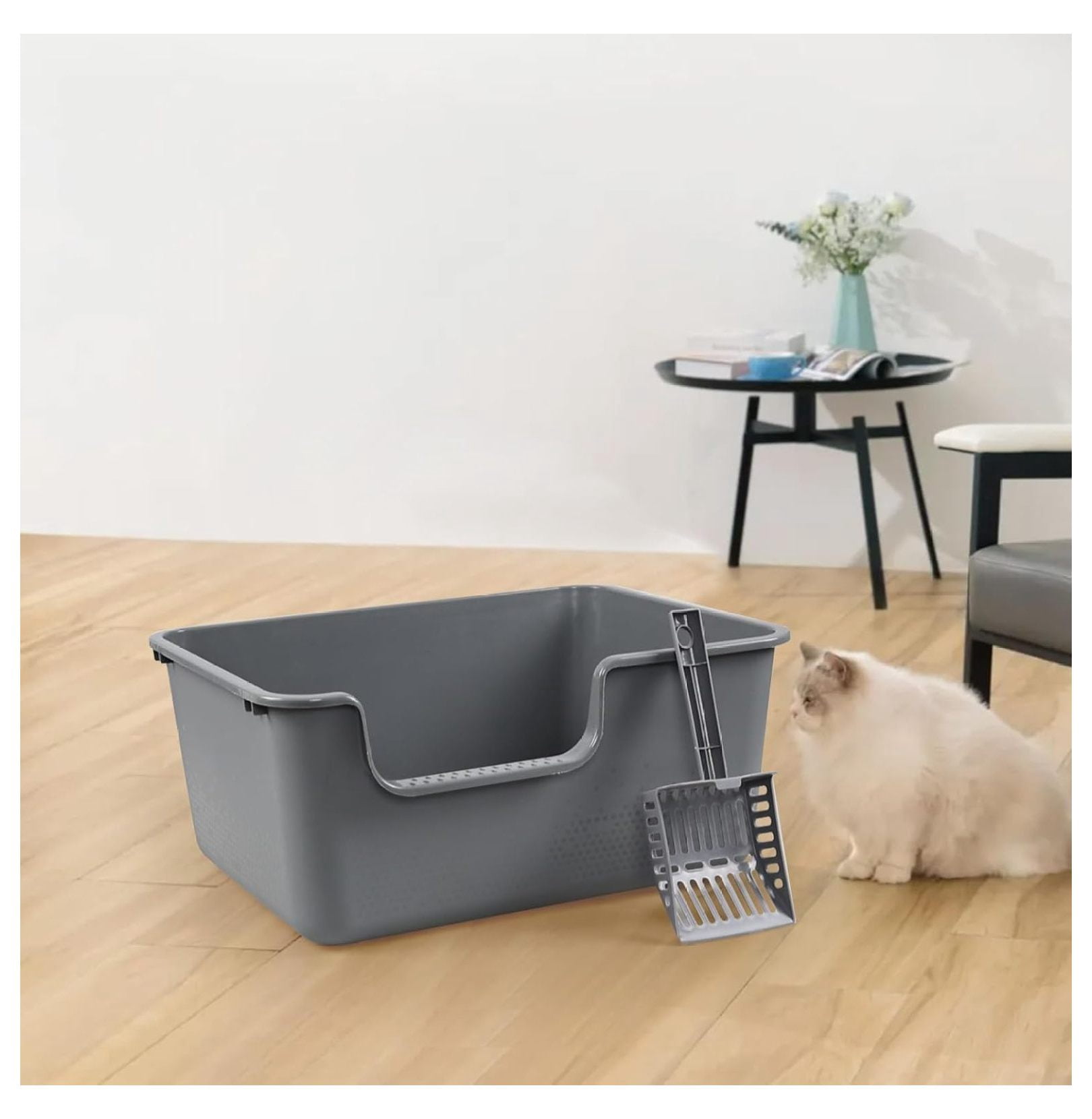 4-Pack Anti-Splashing Kitty Litter Box with , Plastic Open High Sided Cat Litter Box, Gray