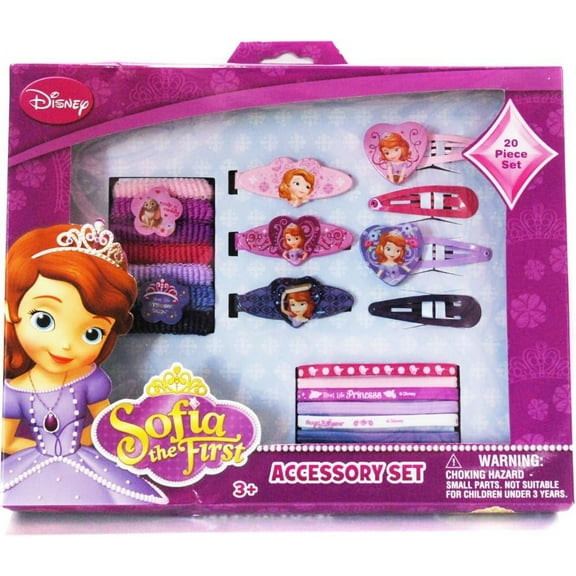 Princess Sofia Accessory Set 20 pcs - 4 Hair Clips 3 Barrettes 7 Terries 6 Elastics