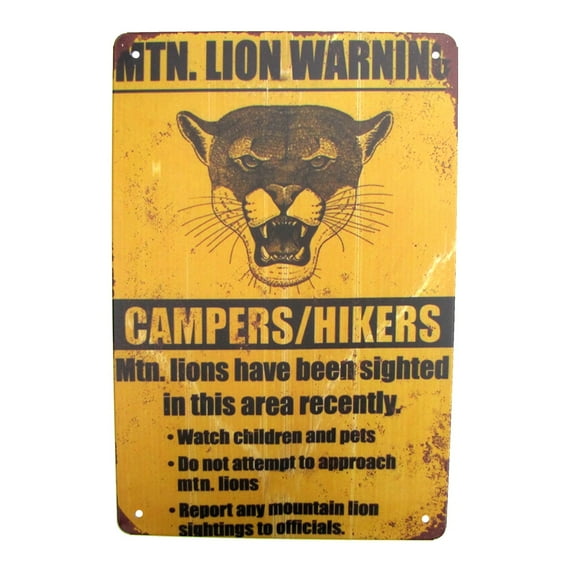 Metal Mountain Lion Warning Sign Hunting Cabin Lake House Beware Caution Rustic Home Wall Decor