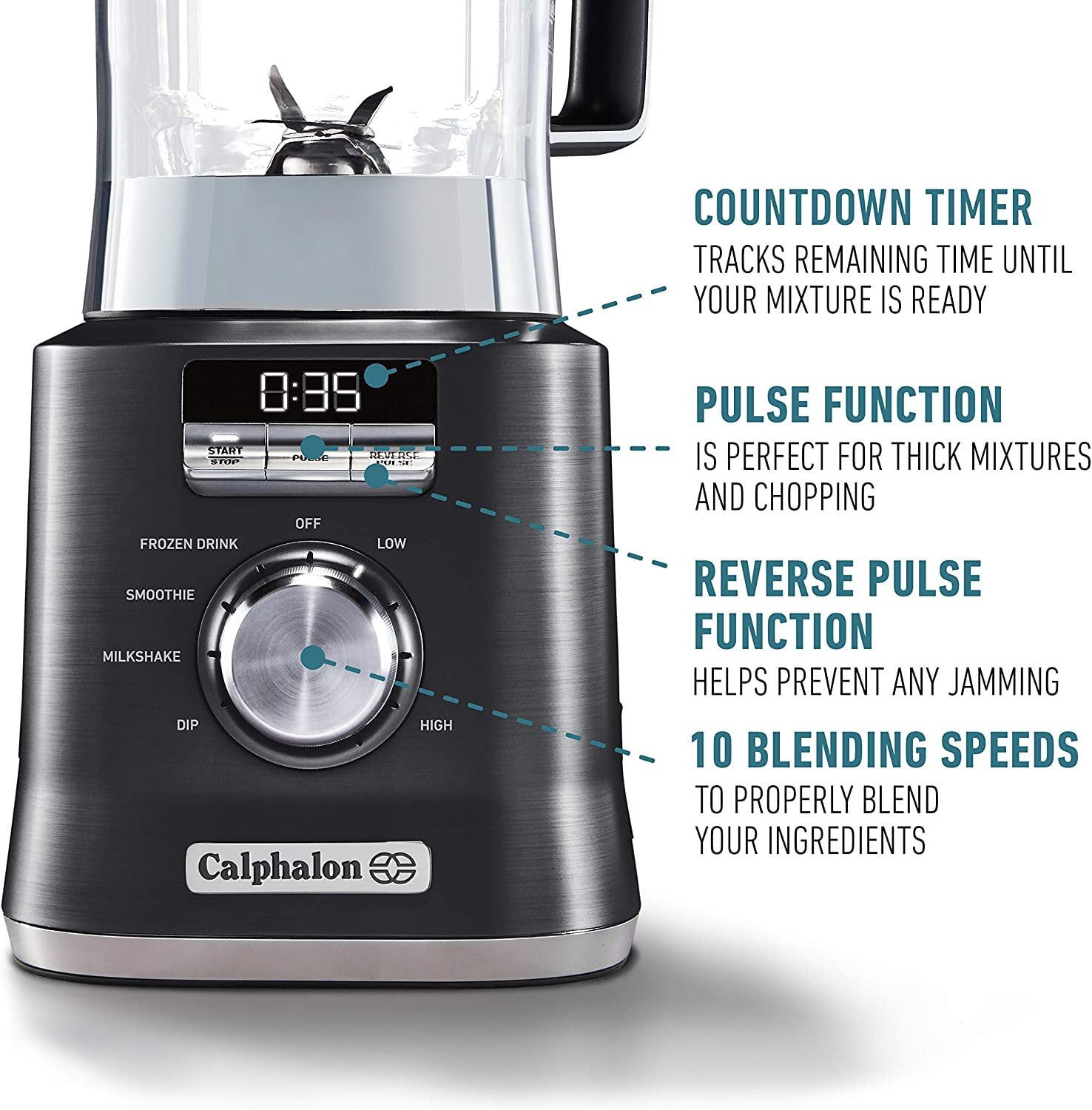 Calphalon Auto-Speed 2-Liter Blender with Blend-N-Go Smoothie Cup, Dark Stainless Steel