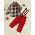 thumbnail image 2 of Bagilaanoe 2Pcs Toddler Baby Boys Gentleman Formal Clothes Overalls Set  9M 12M 24M 3T 4T Kids Long Sleeve Plaid Shirt Tops with Bow Tie + Suspender Pants, 2 of 8