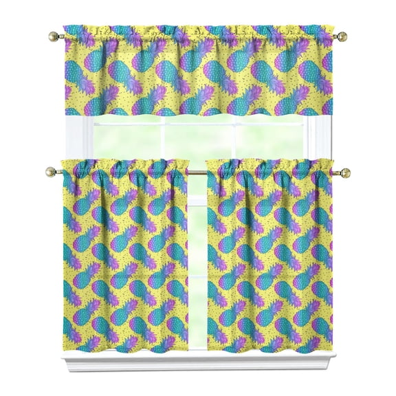Pineapple Print Kitchen Curtains Set Tier and Valance, Hawaiian Tropical Fruit Pattern Window Drapes, Yellow Golden Aesthetic Light Filtering Curtains for Summer Sunshine Decor