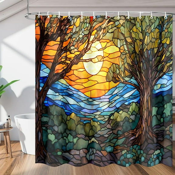 Stained Glass Shower Curtain Colorful Forest Sun Shower Curtain for Bathroom Floral Botanical Sunset Lake Landscape Bathtub Decor Fabric Waterproof Bath Curtain with Hooks-48"W x 72"L (Pack of 1)