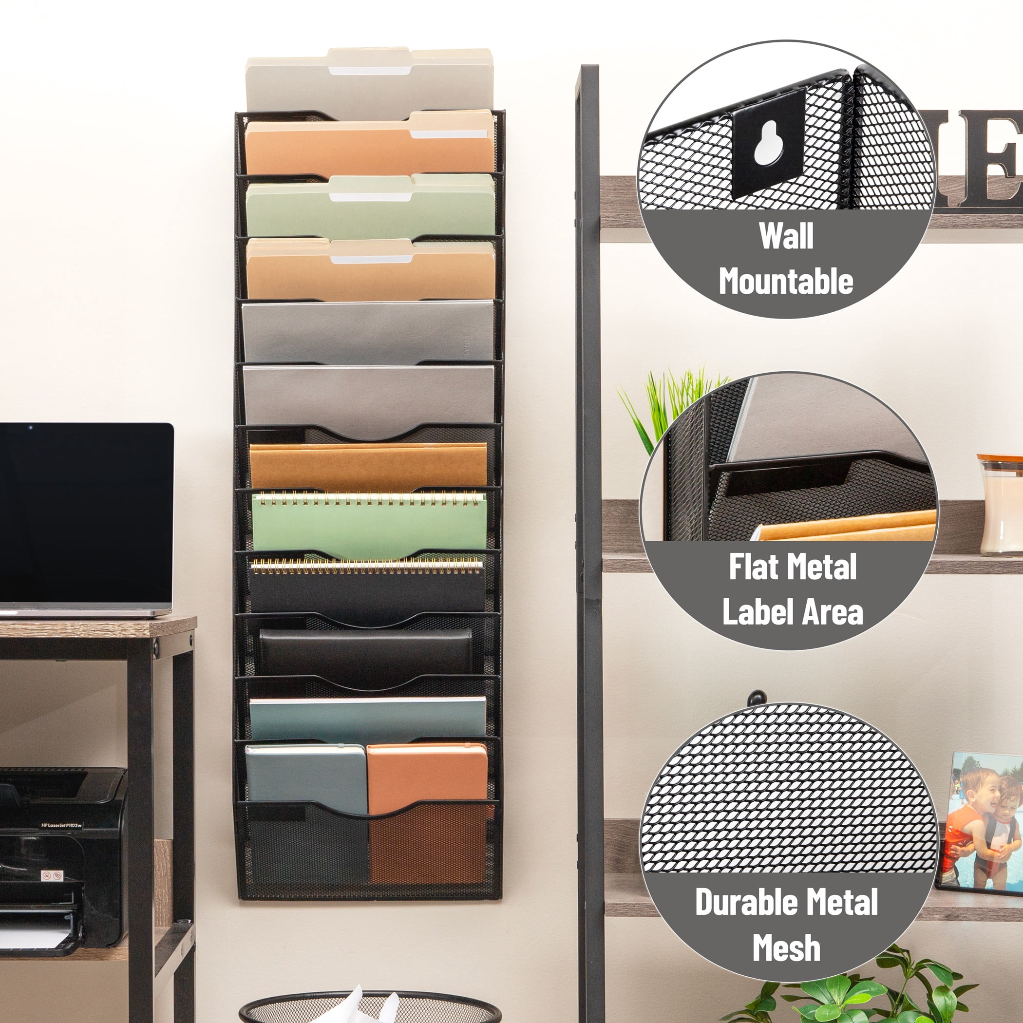 Mind Reader Wall Mounted File Organizer, 12 Tier Wire Mesh Document Holder with Metal Label Plates for Documents, Folders, and Magazines, Black