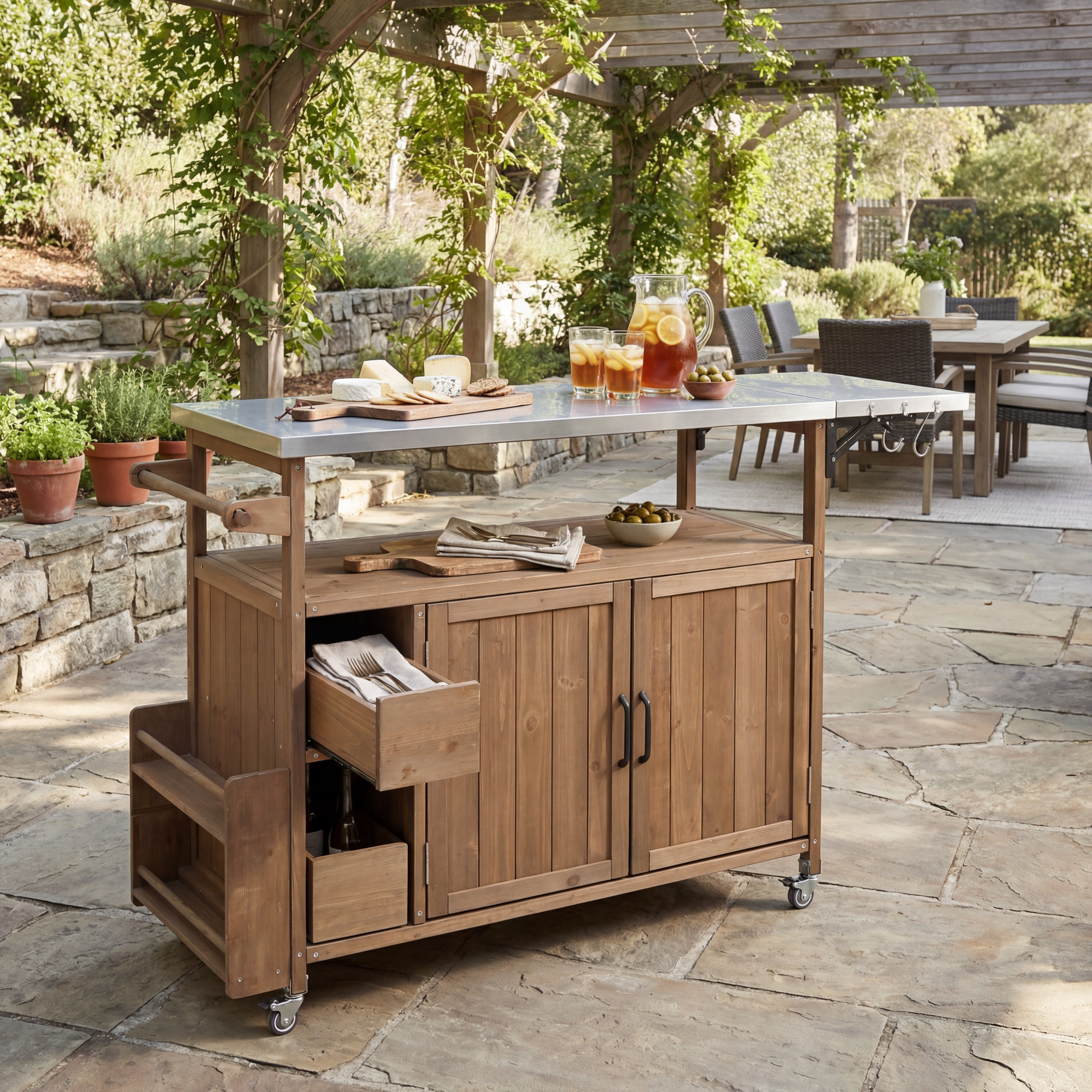 Rolling Kitchen Cart, 54.33 Inch Farmhouse Outdoor Serving Cart for Patio Backyard BBQ, White