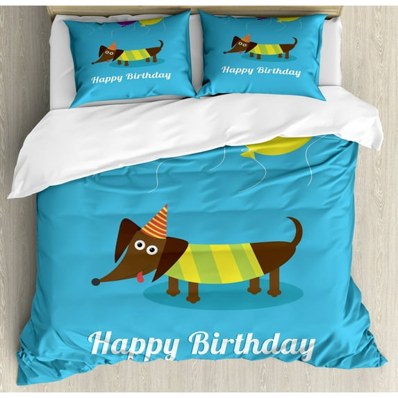 Dachshund Duvet Cover Set Queen Size, Dog and Balloons with Happy Birthday Quote Dachshund Breed Canine Illustration, Decorative 3 Piece Bedding Set with 2 Pillow Shams, Multicolor, by Ambesonne