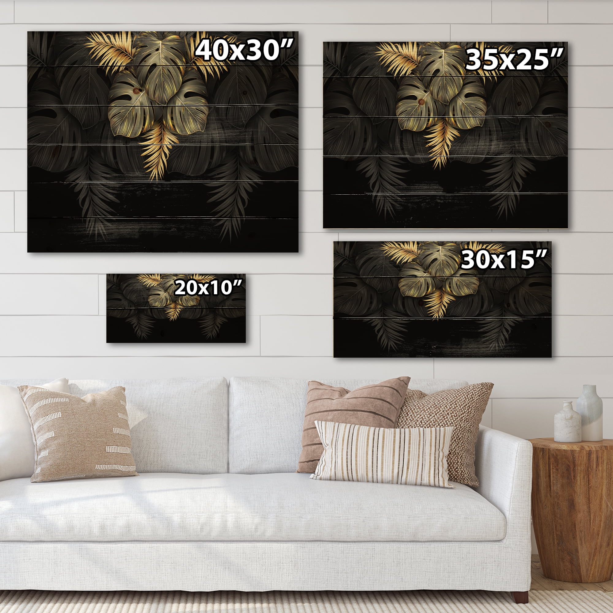 Designart 'Gold and Black Tropical Leaves IV' Modern Print on Natural Pine Wood