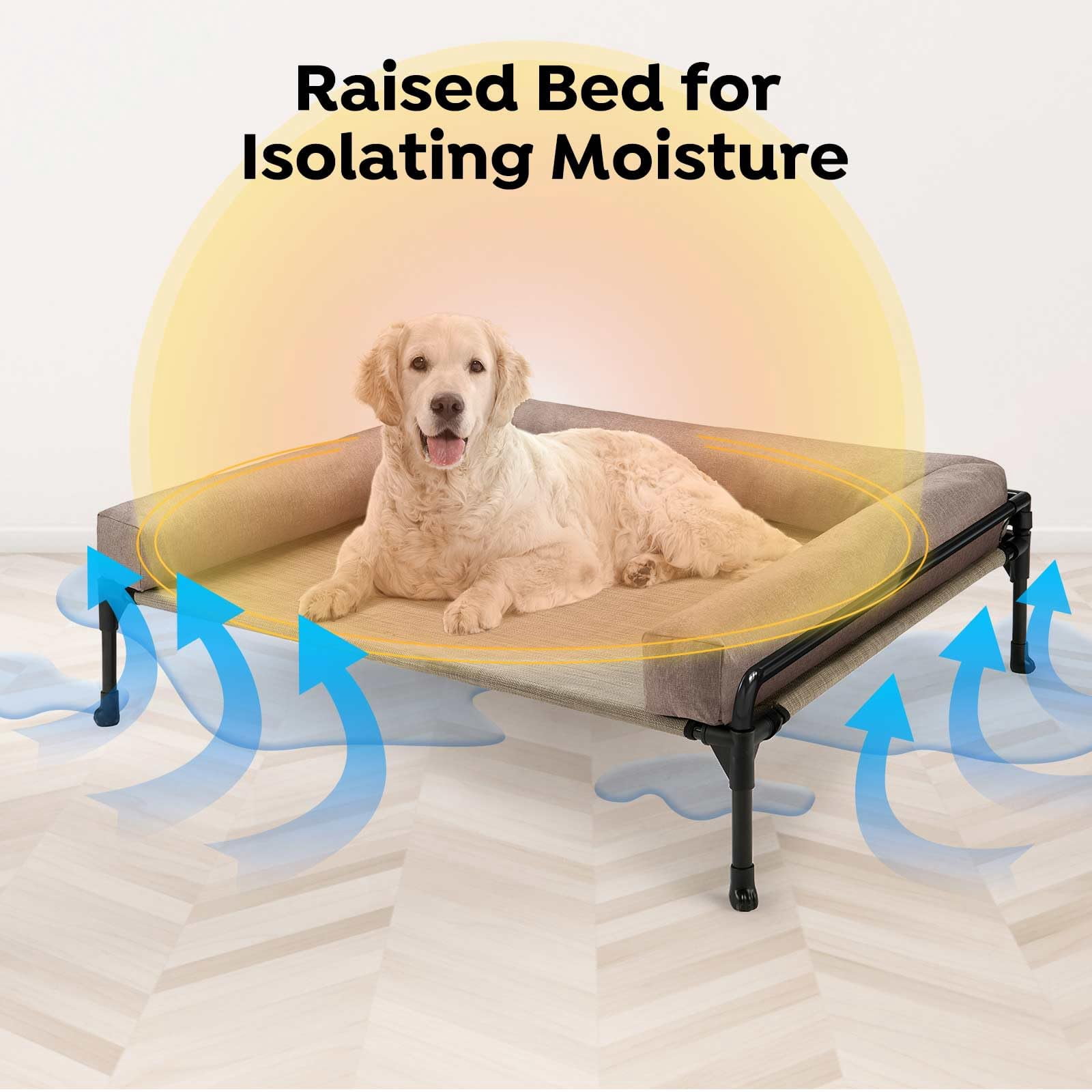 Elevated Raised Dog Bed-cooling Outdoor Bed For Large Sized Dogs Three-sided Fence Pet With Mesh & No-slip Feet Hammock Removable Bolster-41 X 27" Beige Coffee