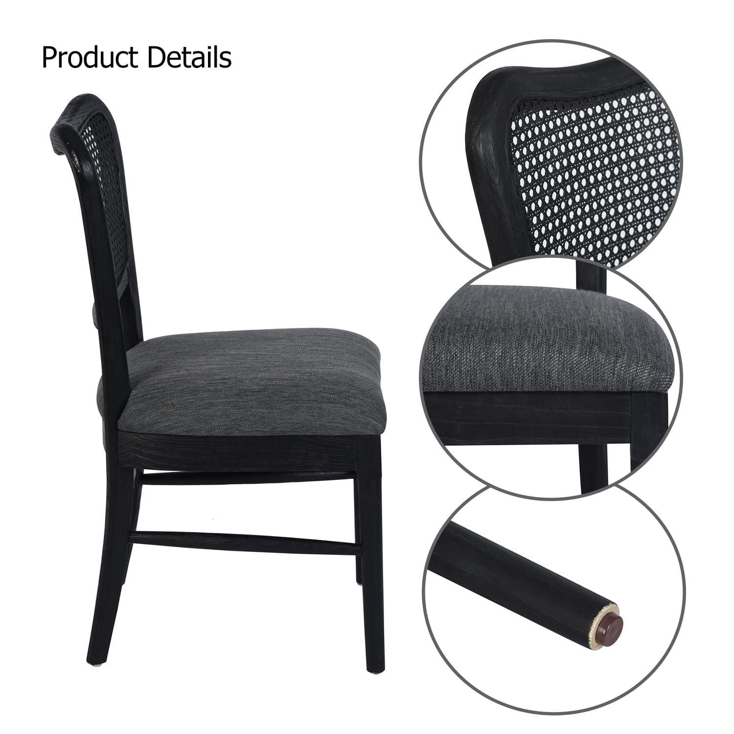 Chaises de salle à manger Lot de 2, chaises latérales rembourrées avec dossier en rotin et pieds en bois, chaises au design moderne du milieu du siècle pour le salon et la cuisine